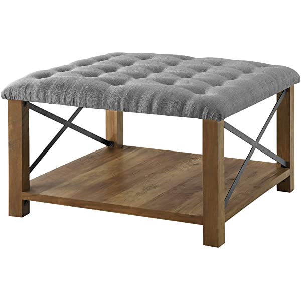 Walker Edison Cambridge Modern Farmhouse Metal X Tufted Ottoman, 30 Inch, Grey Grey Upholstered Ottoman