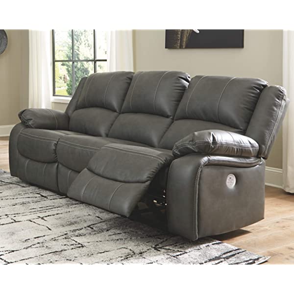 Signature Design by Ashley - Calderwell Contemporary Faux Leather Double Reclining Loveseat w/ Console - Adjustable - Gray Manual Loveseat Grey