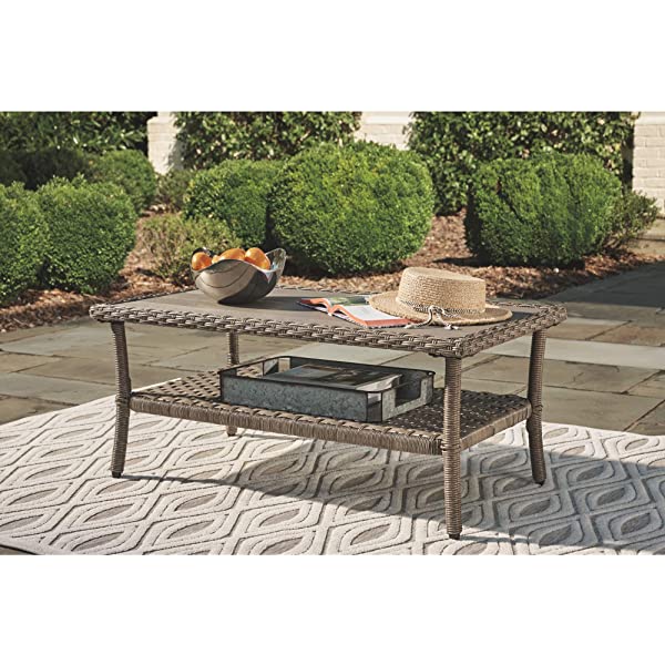 Signature Design by Ashley Clear Ridge Outdoor Wicker Coffee Table with Rust Free Aluminum Base, Light Brown