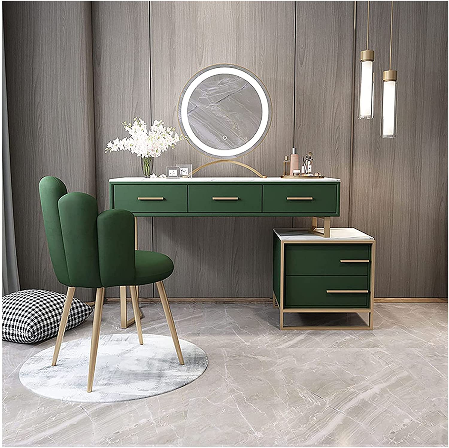 【Furniture】Italian Dressing Table with LED Mirror, Makeup Table with Marble Textured, Lockers & Makeup Chairs