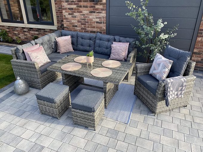 Sorrento Grey Rattan Outdoor Garden Dining Set 8 Seat - Right Side Facing
