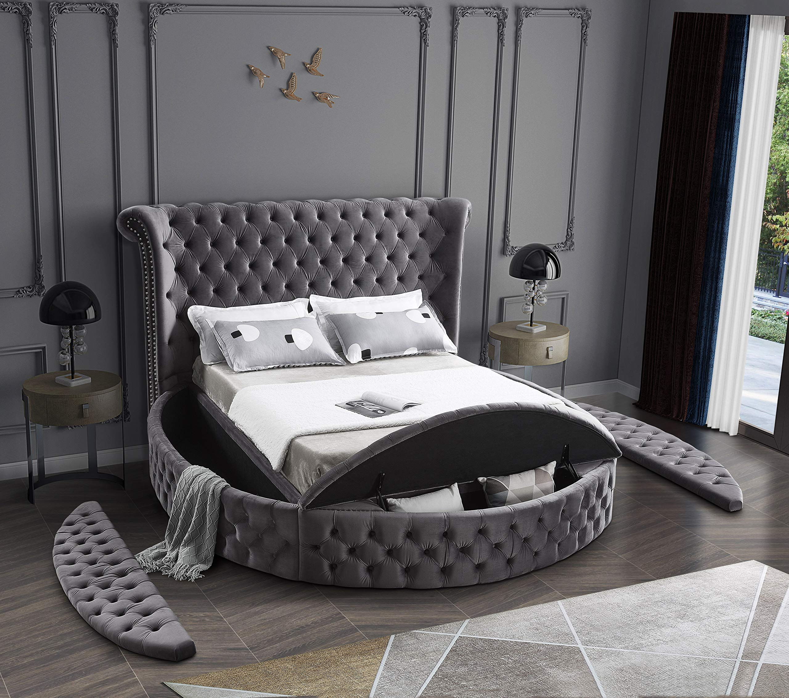 【Furniture】Contemporary Round Shaped Velvet Upholstered Bed with Deep Button Tufting & Footboard Storage, King