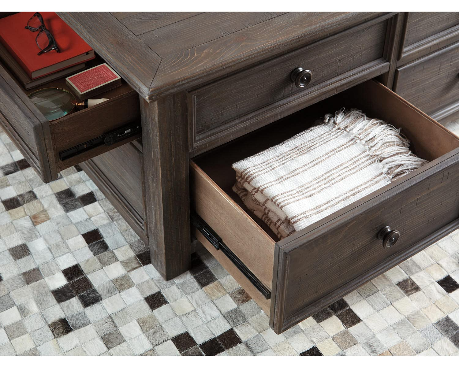 【Furniture】Rustic Rectangular Lift Top Coffee Table with 4 Storage Drawers, Dark Brown with Distressed Finish