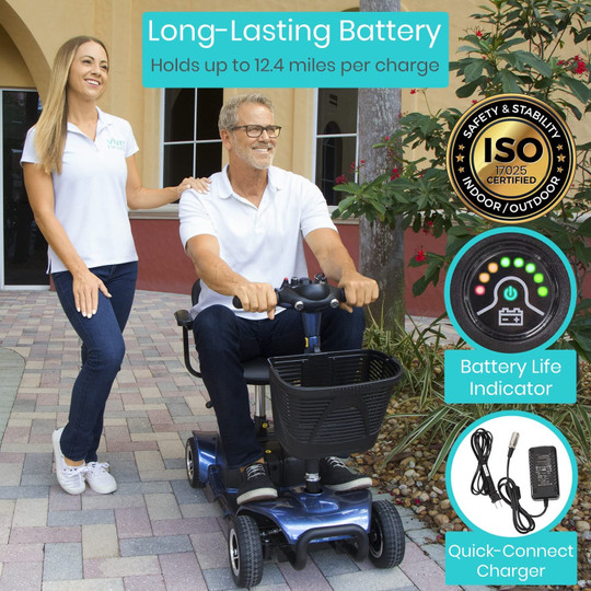 Vive 4 Wheel Mobility Scooter - Electric Powered Wheelchair Device - Compact Heavy Duty Mobile for Travel, Adults, Elderly - Long Range Power Extended Battery with Charger and Basket Included