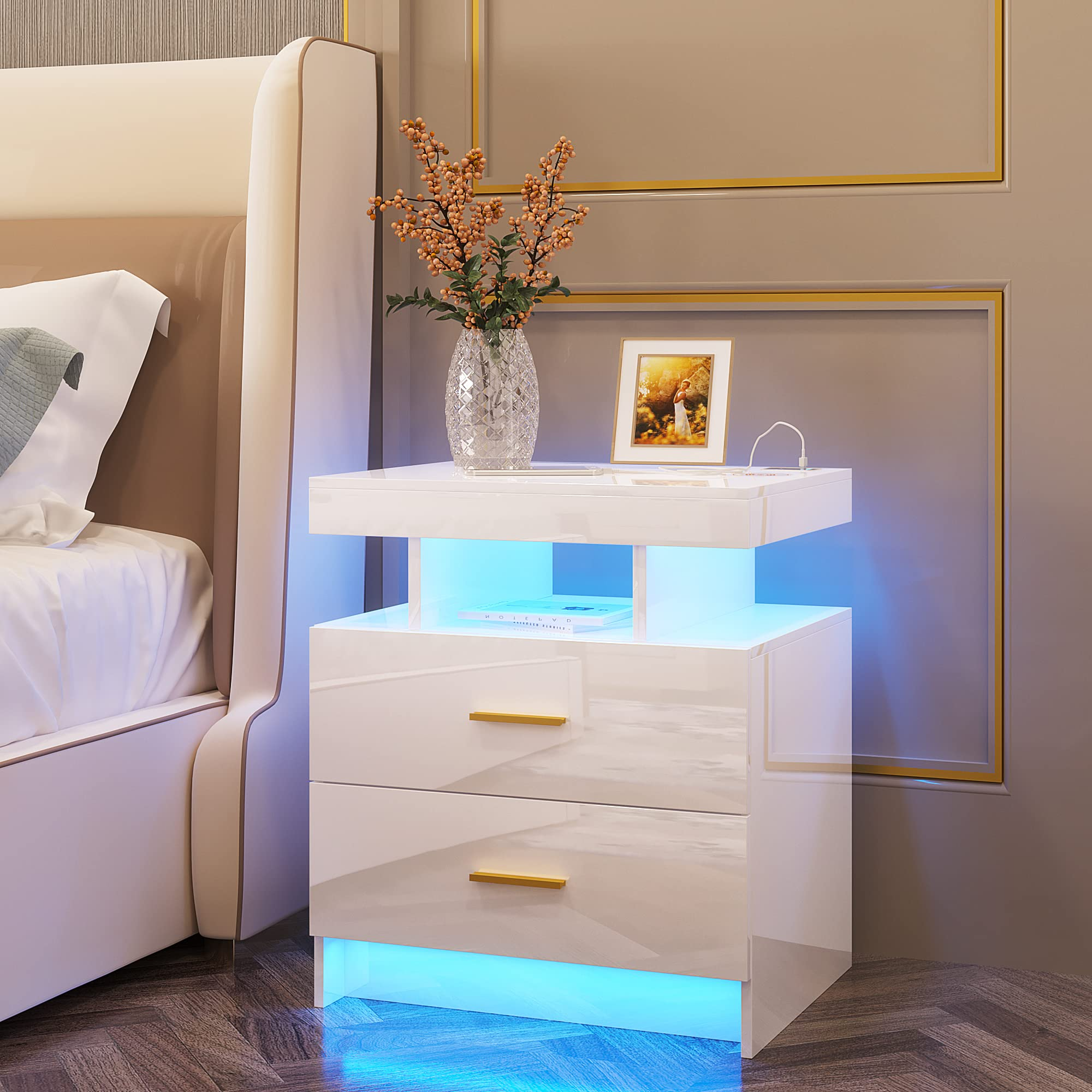 【Furniture】LED White Nightstand with 3 Colors Adjustable 2 USB Ports and Wireless Charging Station, High Gloss Nightstand with 2 Drawers