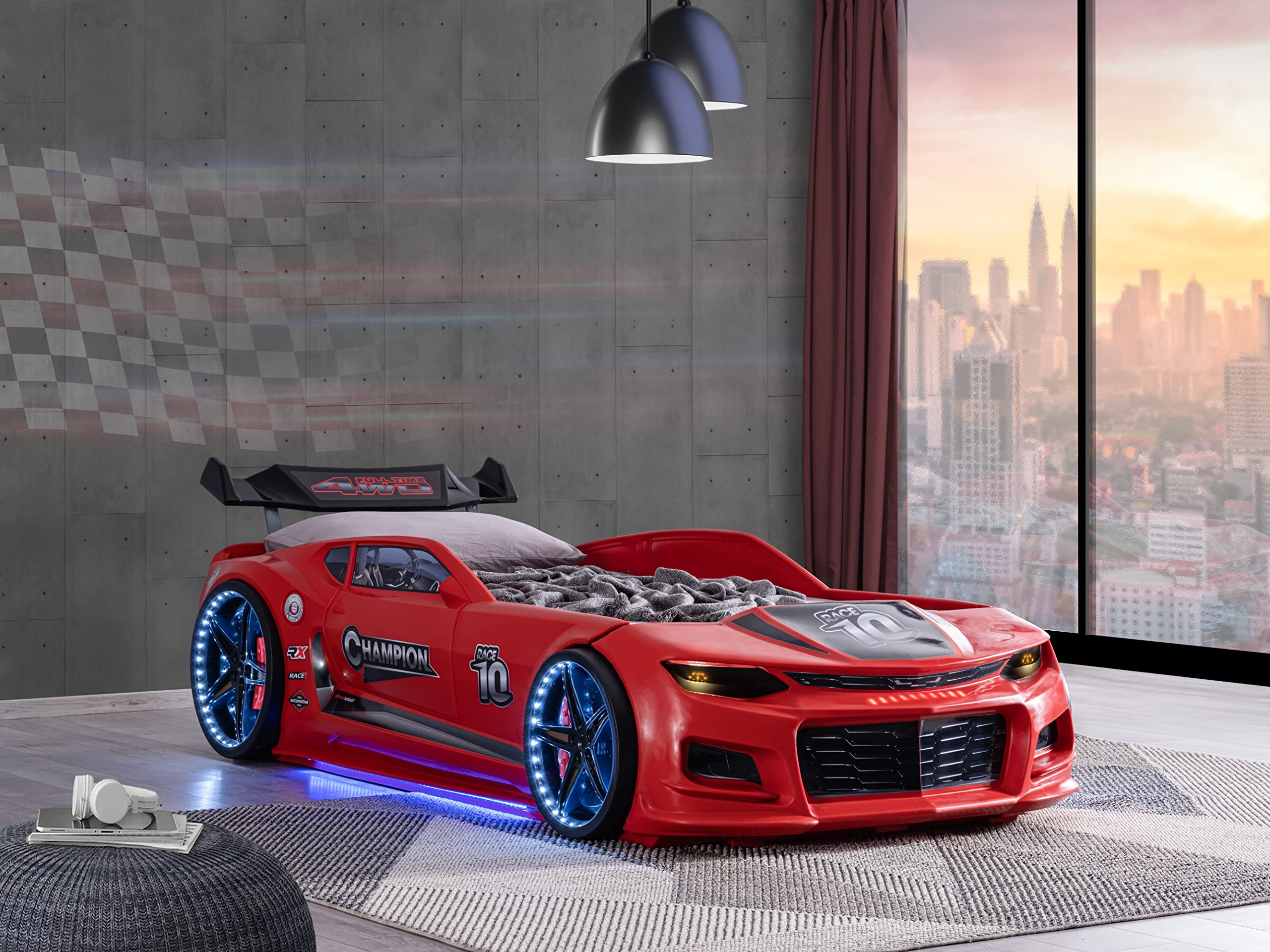 【Furniture】Racing Car Bed for Kids - Kids Car Bed with Led Lights, Single Race Car Bed with Leather Cushioning