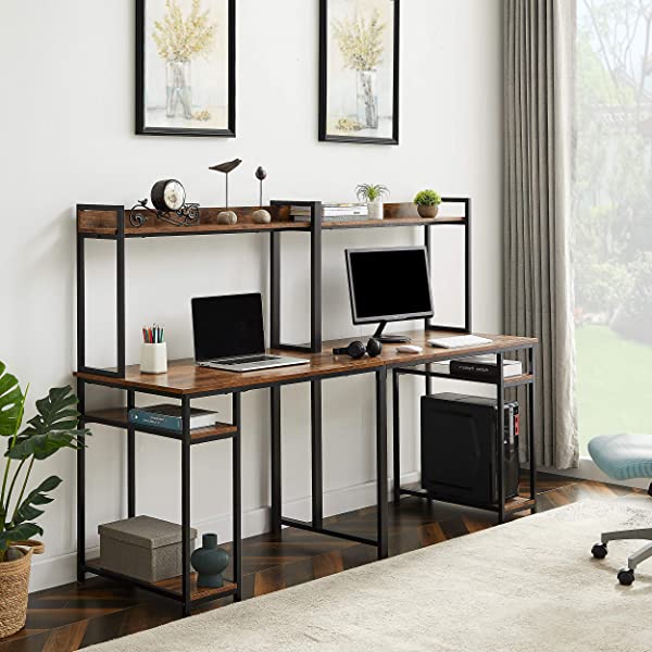 Computer Desk Home Office, Home Office Double Workstation Desk, Two Person Computer Desk with Storage, Spacious Tabletop, Multifunction Writing Desk with Shelf