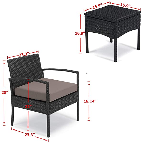PROHIKER 3 PCS Patio Rattan Conversation Chair Set, 3 PCS Patio Wicker Rattan Furniture Set, Patio Wicker Rattan Table Brown