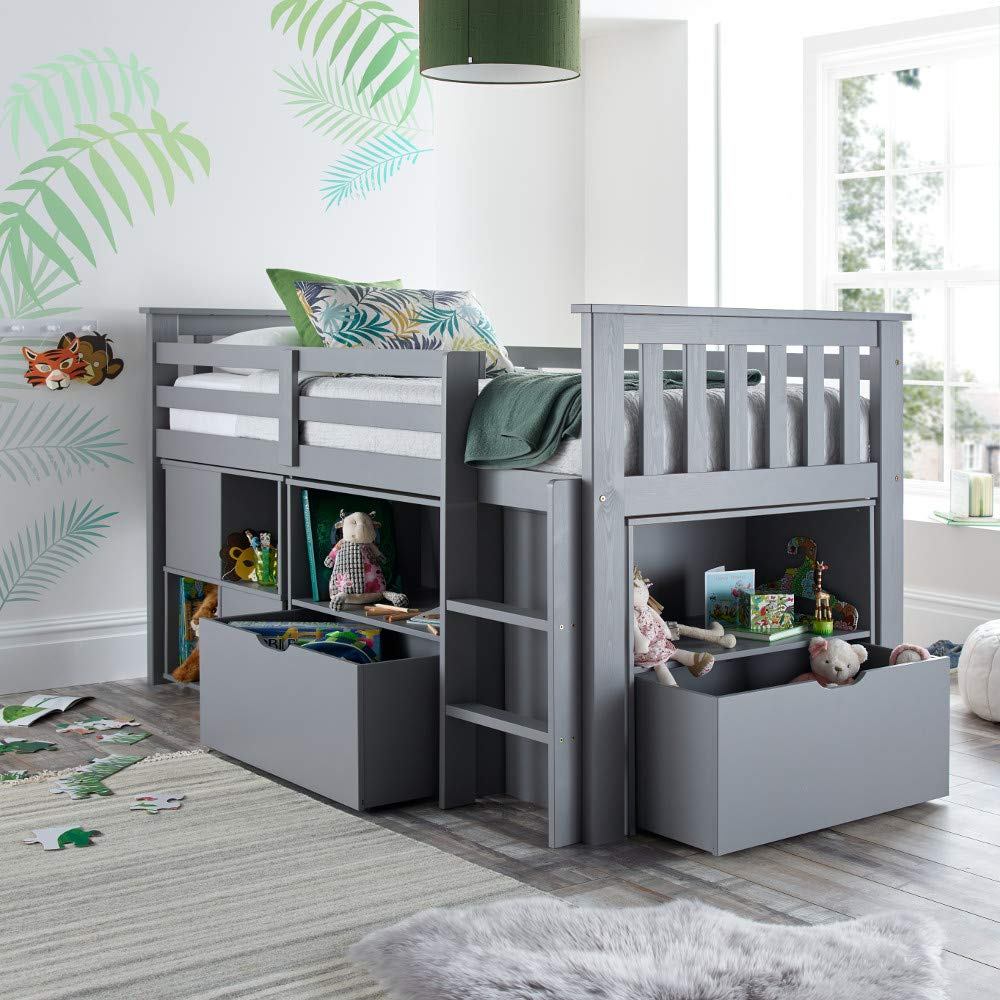 【Furniture】Milo Grey Wooden Mid Sleeper Kids Bunk Bed with Pocket Sprung Mattress 3' Single 90x190 cm