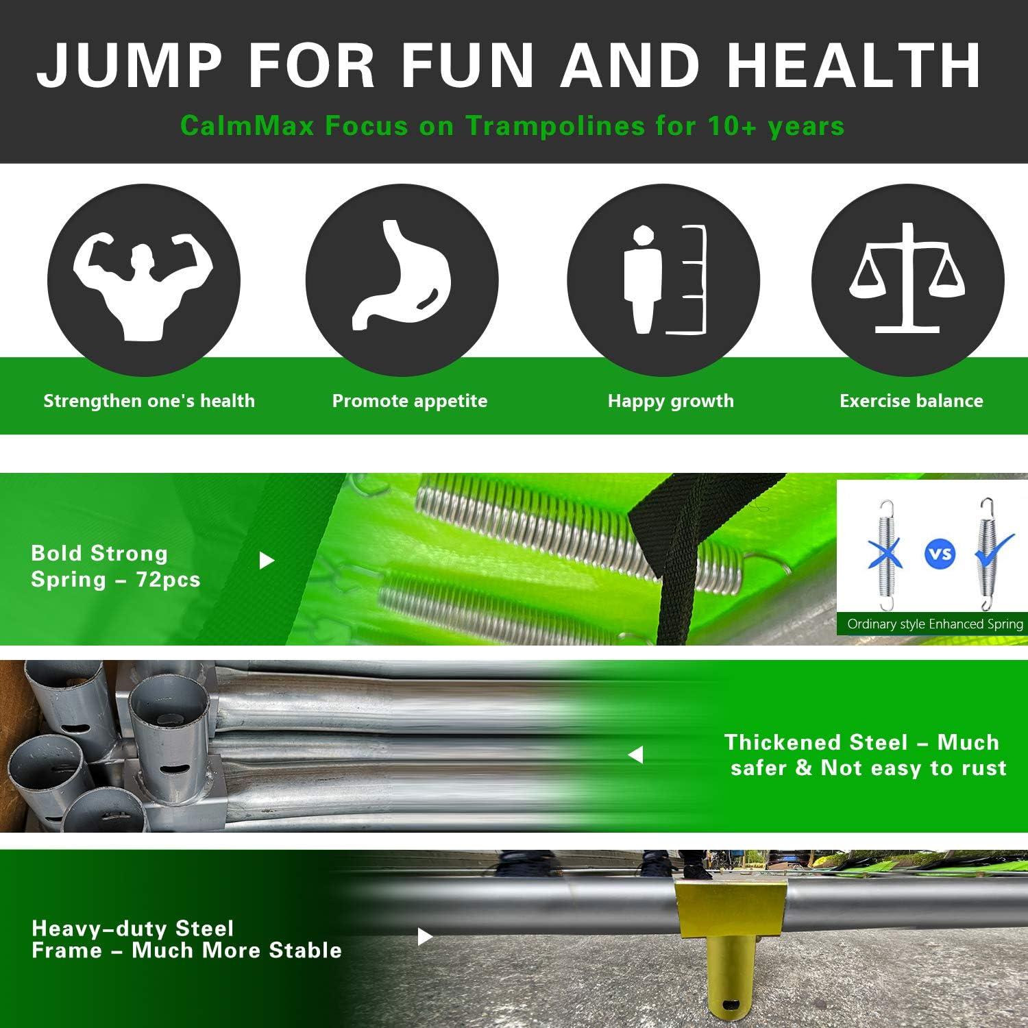 CalmMax Trampoline 12FT 14FT 15FT 16FT Jump Recreational Trampolines with Enclosure Net - ASTM Approved- Combo Bounce Outdoor Trampoline for Kids Family Happy Time