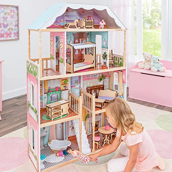 Classic Wooden Dollhouse with EZ Kraft Assembly™, 14-Piece Accessory Set, for 12-Inch Dolls, Gift for Ages 3+