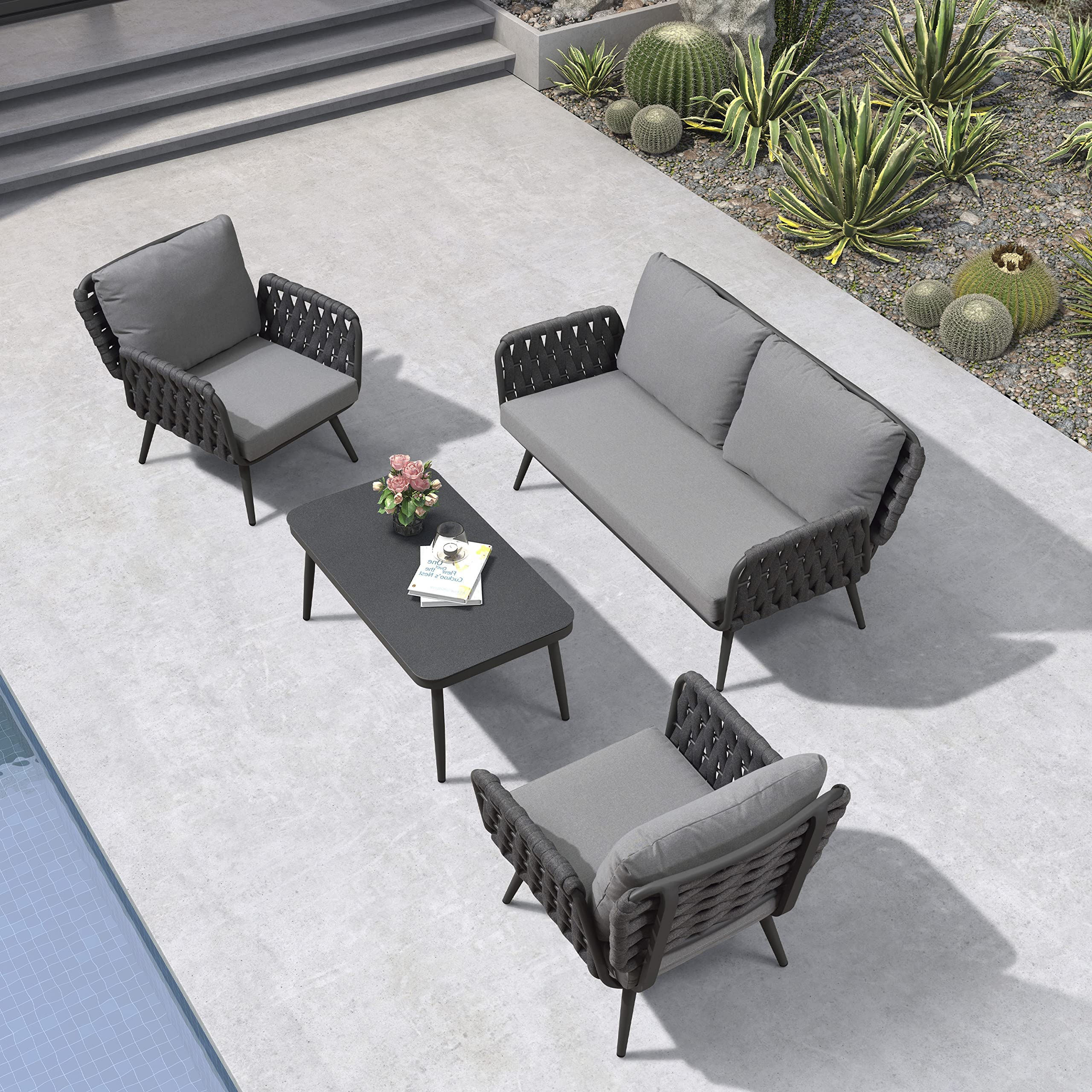 【Furniture】Patio Conversation Set 4 Pcs Aluminum Frame Rope Outdoor Furniture with Coffee Table & Cushions