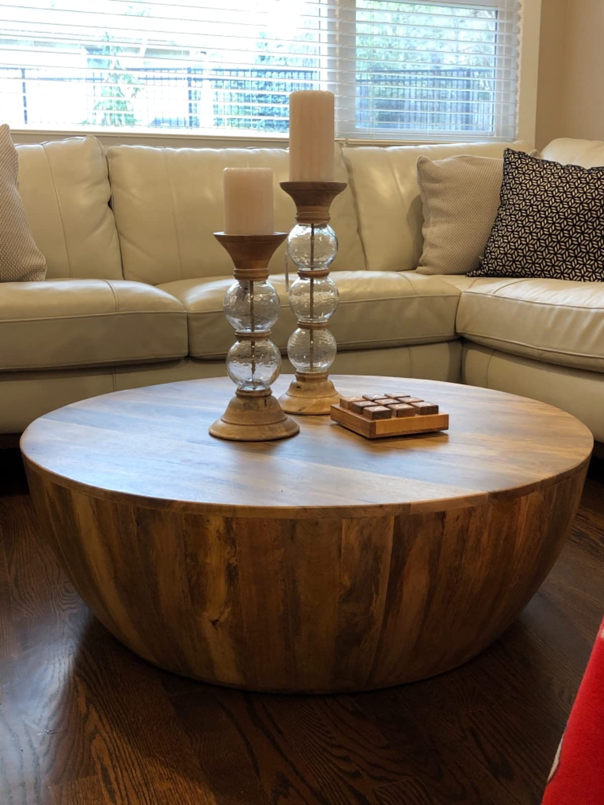 【Furniture】Drum Shape Wooden Coffee Table with Plank Design Base, Brown