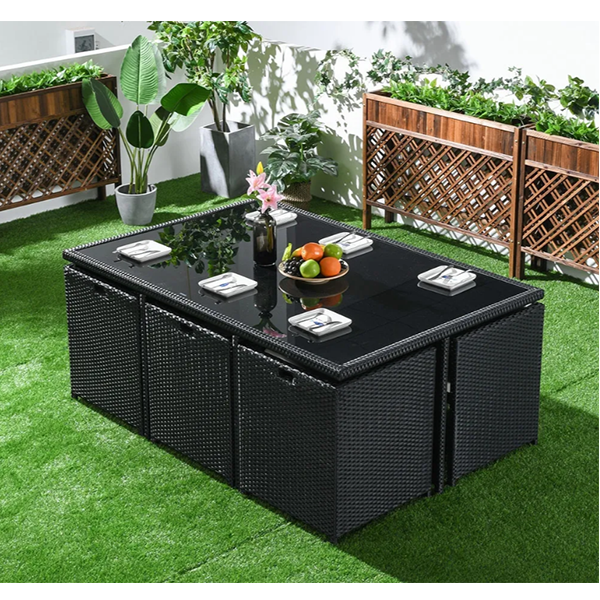 【Furniture】7-Piece Rattan Dining Set Outdoor Conversation Set with Glass-Top Rectangle Table and 6 Barrel Chair Cushion Included