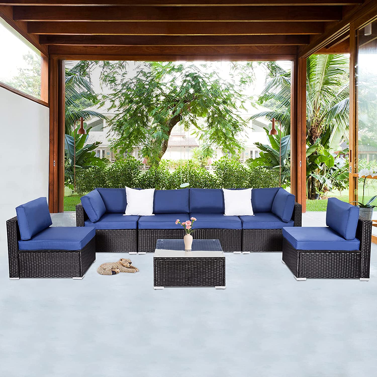【Furniture】Outdoor Furniture Set, 7 Pcs Sectional Patio Furniture, PE Rattan Coversation Sofa Set