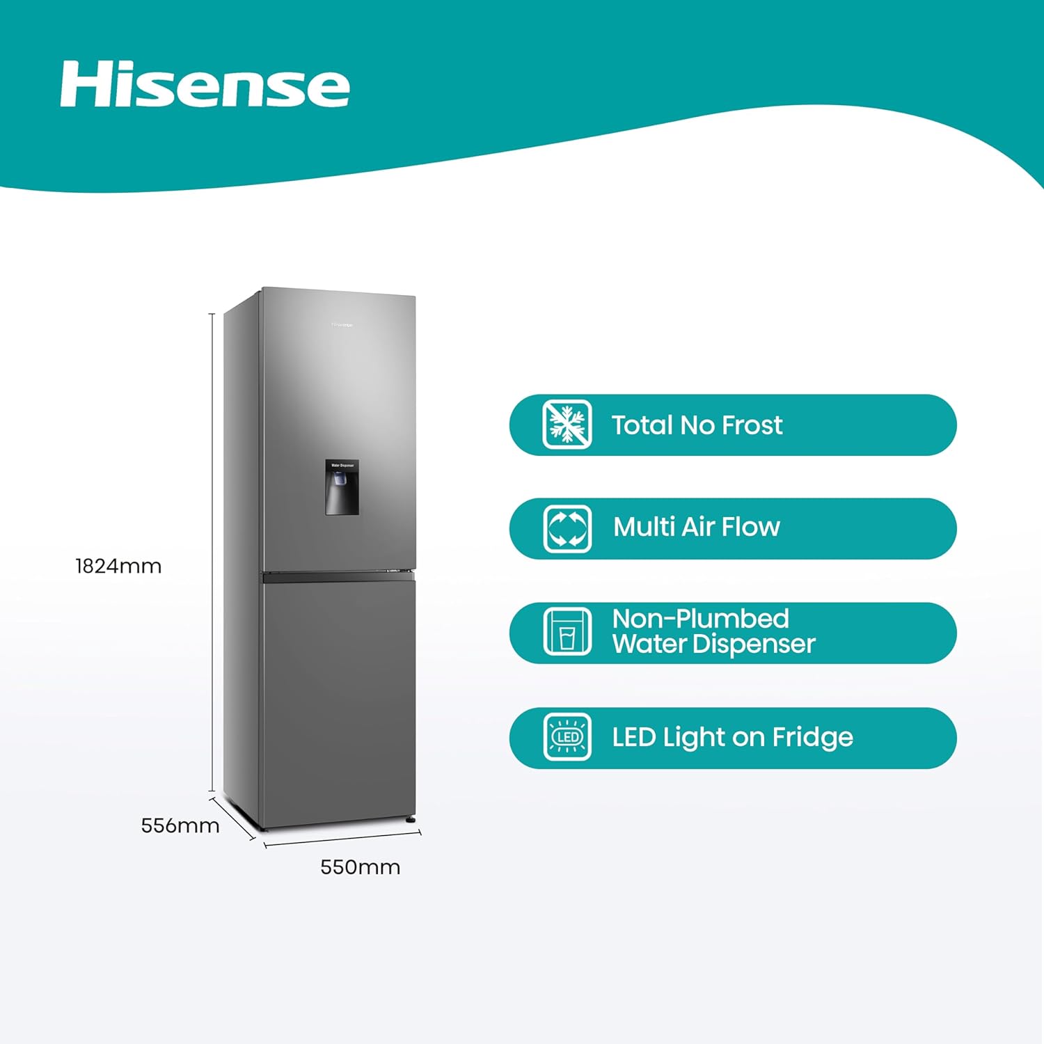 Hisense RB327N4WCE 55cm Freestanding 5050 Fridge Freezer - 251 litre capacity - Total No Frost - Non-plumbed Water Dispenser - Silver - E Rated, H182.4 x W55 x D55.6 (cm)