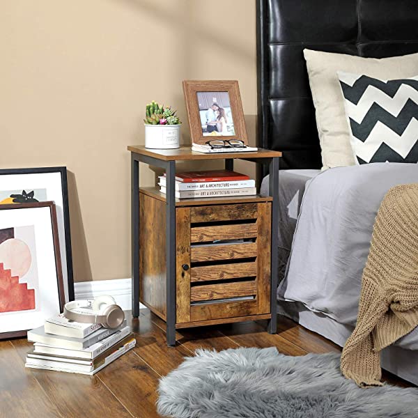 VASAGLE Nightstand, End Table with Open Shelf, Steel Frame, Bedroom, Industrial, Rustic Brown + Black