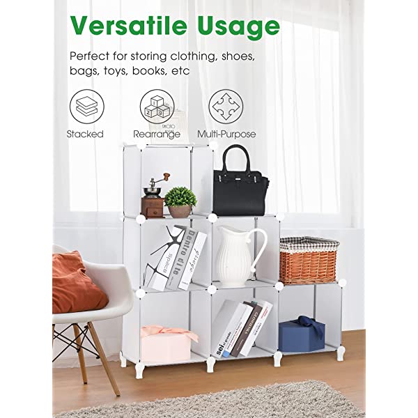 Puroma Cube Storage Organizer 6-Cube Closet Storage Shelves with Wooden Mallet DIY Closet Cabinet Bookshelf Plastic Square Organizer Shelving for Home, Office, Bedroom - Black Black Medium