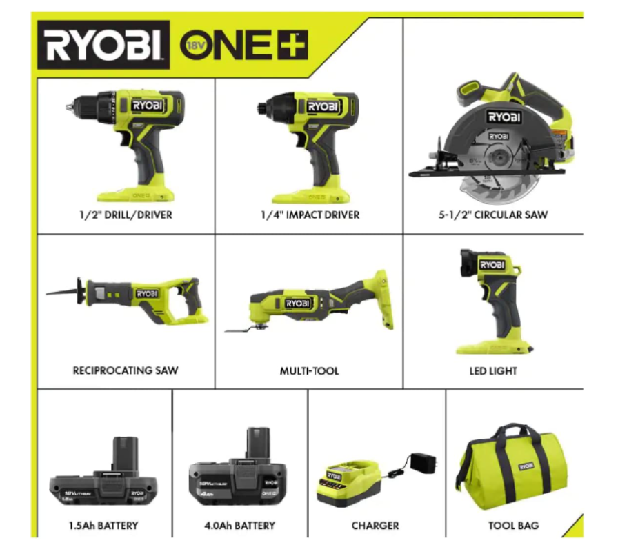 Ryobi One+ 18V Li-Ion 6-Piece Combo Kit Drill P1819