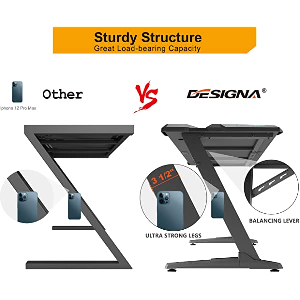 DESIGNA Gaming Desk with LED Lights, 60 inch Computer Gaming Desk Z-Shaped with Mouse Pad, Handle Rack, Cup Holder, Headphone Hook, Black