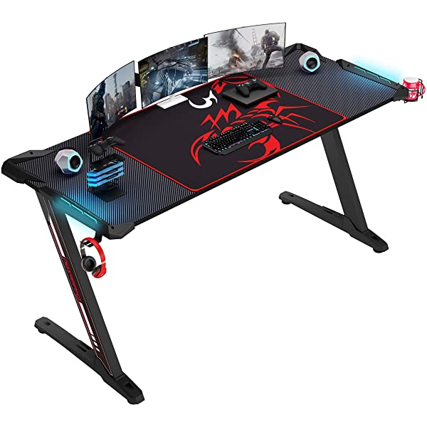DESIGNA Gaming Desk with LED Lights, 60 inch Computer Gaming Desk Z-Shaped with Mouse Pad, Handle Rack, Cup Holder, Headphone Hook, Black