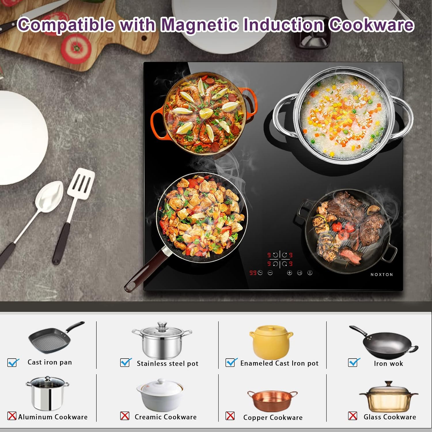 Noxton Plug in Induction Hob, 4 Zones Electric Hob 60cm, Touch Control with Child Safety Lock,UP to 99 Min Timer Black Crystal Glass