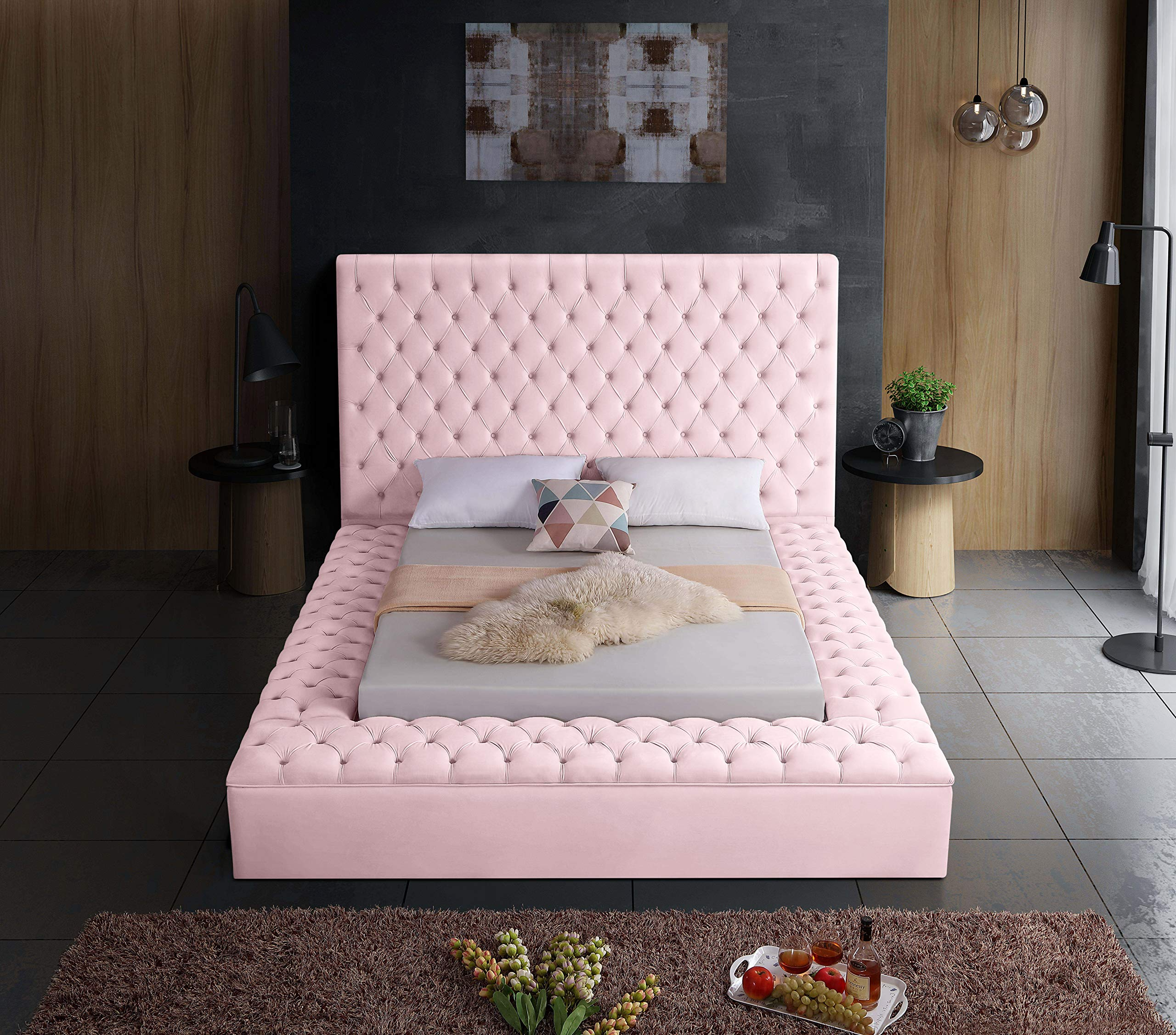 【Furniture】Contemporary Velvet Upholstered Bed with Deep Button Tufting & Storage Compartments