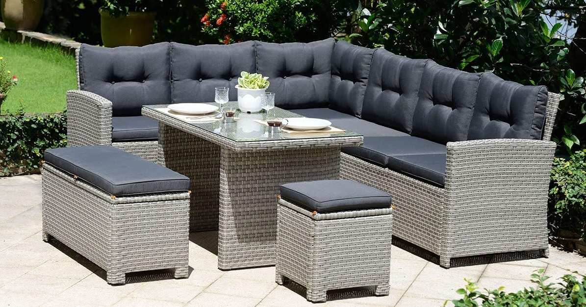 Backyard Furniture Barcelona Luxury 10 Seater Casual Dining Rattan Garden Set with Cushions, Grey/Brown, 191 x 177 x 87 cm