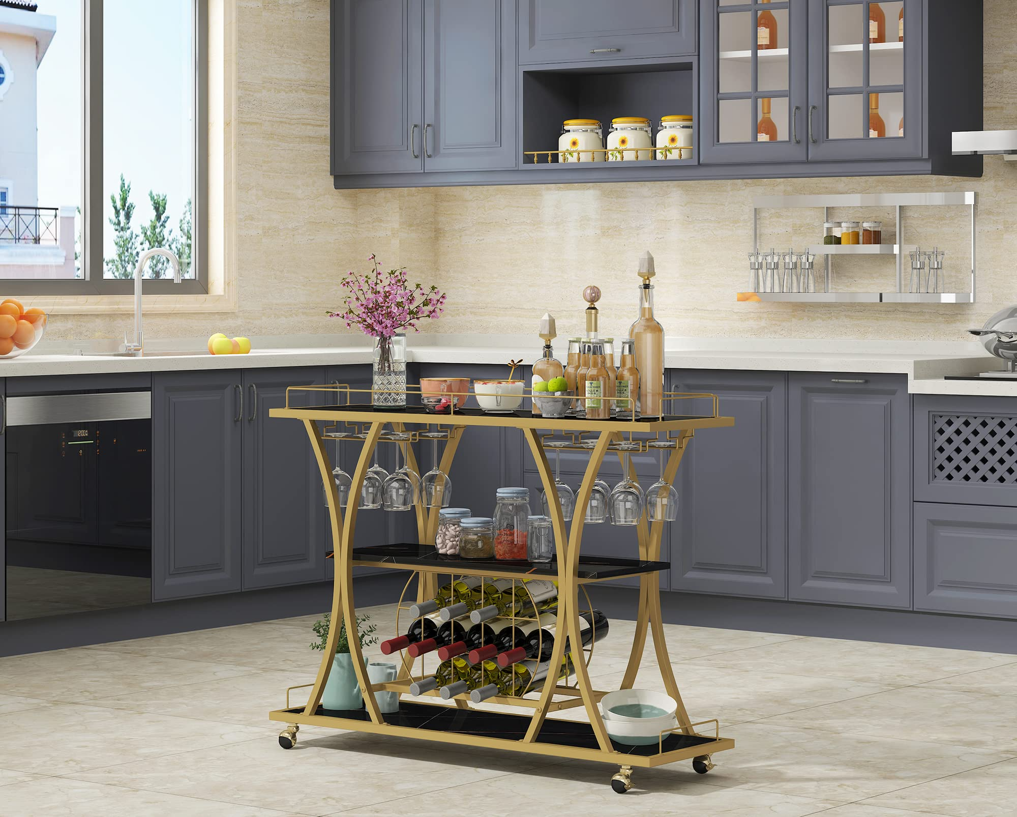 【Furniture】Bar Serving Cart with Glass Holder and Wine Rack, 3-Tier Kitchen Trolley, Mobile Wine Cart for Home