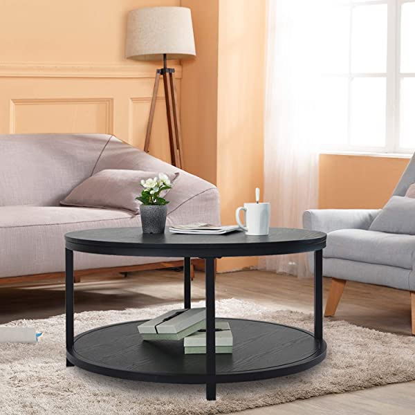 Round Coffee Table Rustic Vintage Industrial Design Furniture Sturdy Metal Frame Legs Sofa Table Cocktail Table with Storage Open Shelf for Living Room, Easy Assembly, Gray Brown