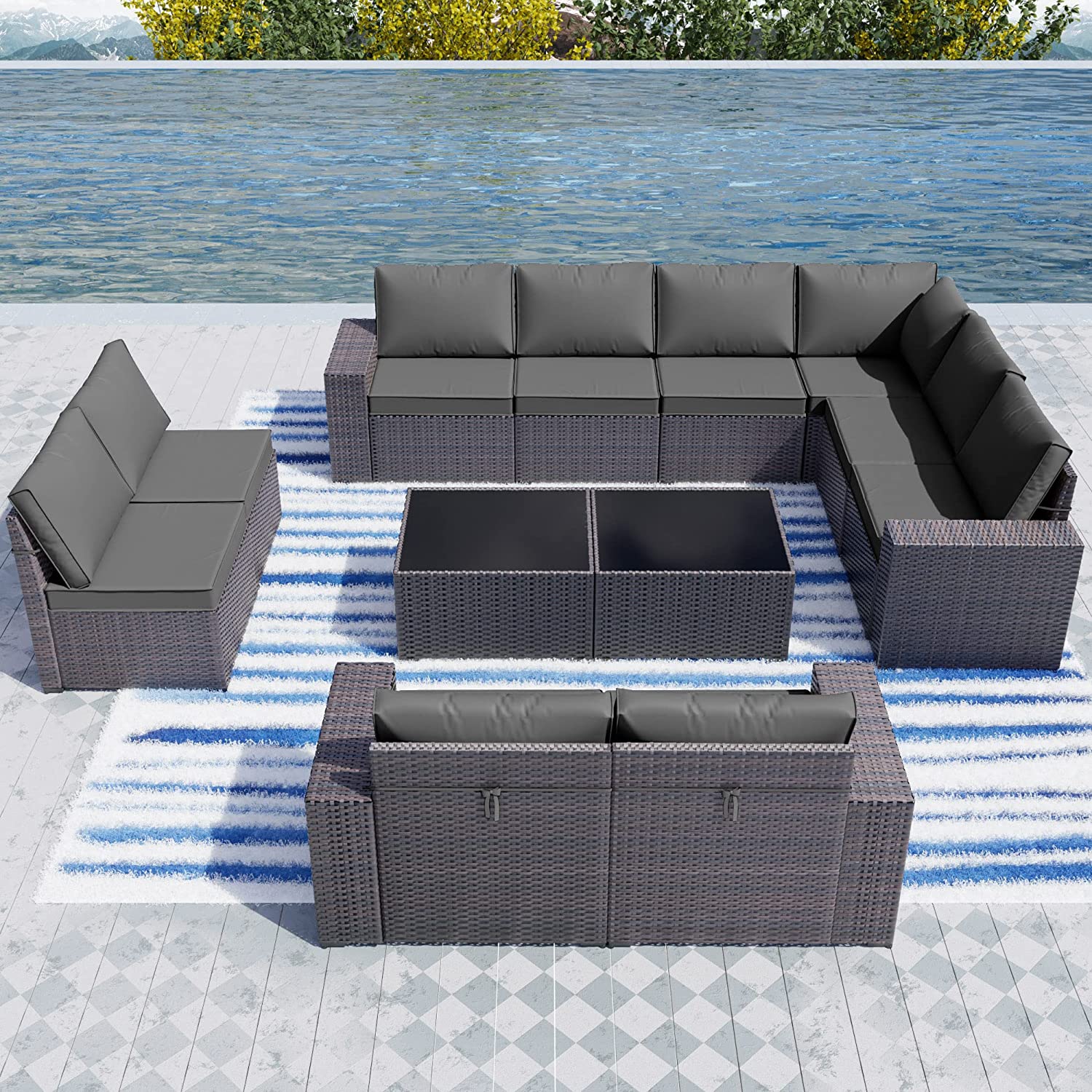 【Furniture】Outdoor Patio Furniture Set 12-Pc Sectional Rattan Sofa Set Brown PE Wicker Patio Conversation Set