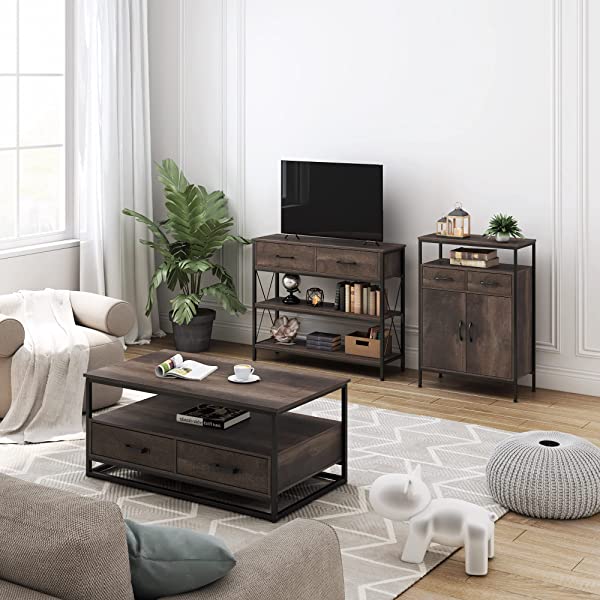 Console Table with Drawers, Rustic Hallway Table with Storage Shelves, Narrow Long Sofa Entryway Table for Living Room, Metal Frame, Dark Brown