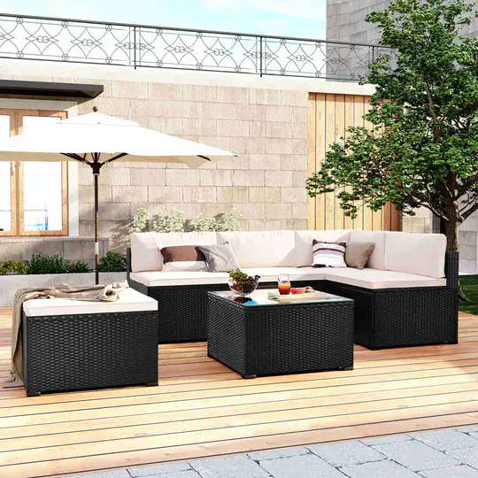 【Furniture】6 Piece PE Weave Rattan Outdoor Furniture Set Patio Garden Sectional Sofa