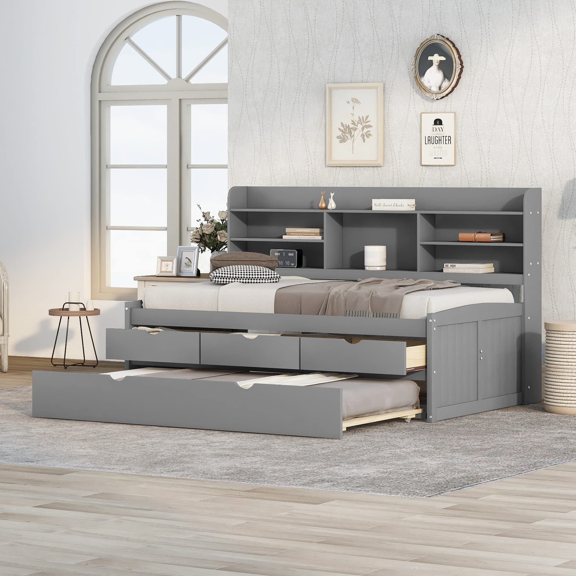 【Furniture】Harper & Bright Designs Twin Captain's Bed with Trundle and Three Storage Drawers