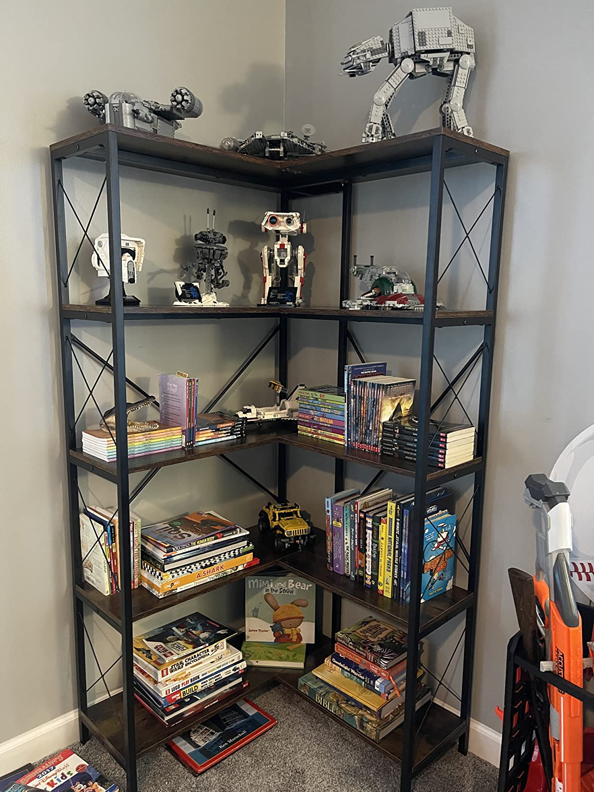【Furniture】5-Shelf Corner Bookshelf, Large Modern Corner Bookcase, 5-Tier Tall Corner Shelf Storage Display Rack