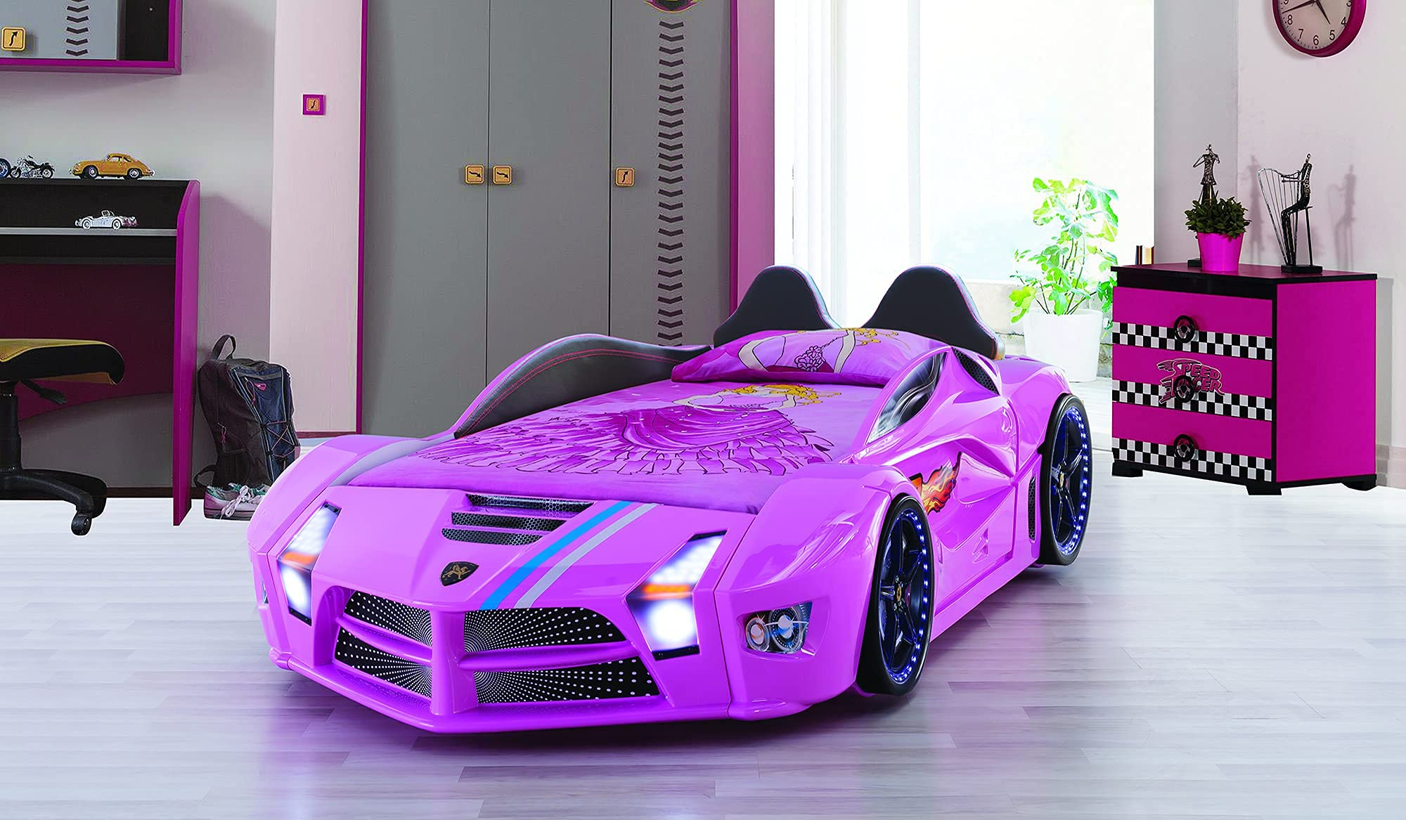 【Furniture】Racing Car Bed for Kids - Kids Car Bed with Led Lights, Single Race Car Bed with Leather Cushioning