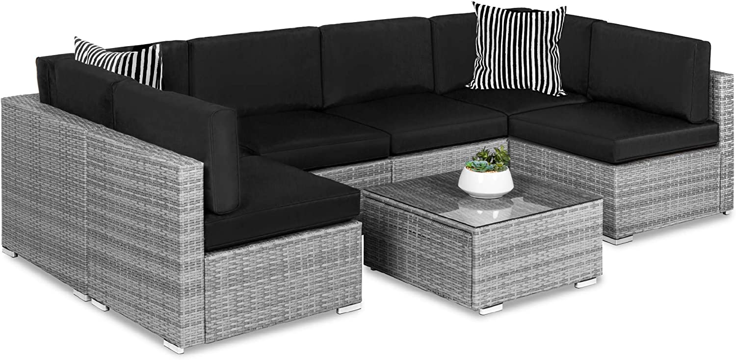 Best Choice Products 7-Piece Modular Outdoor Sectional Wicker Patio Furniture Conversation Sofa Set w/ 6 Chairs, 2 Pillows, Seat Clips, Coffee Table, Cover Included - Gray/Navy