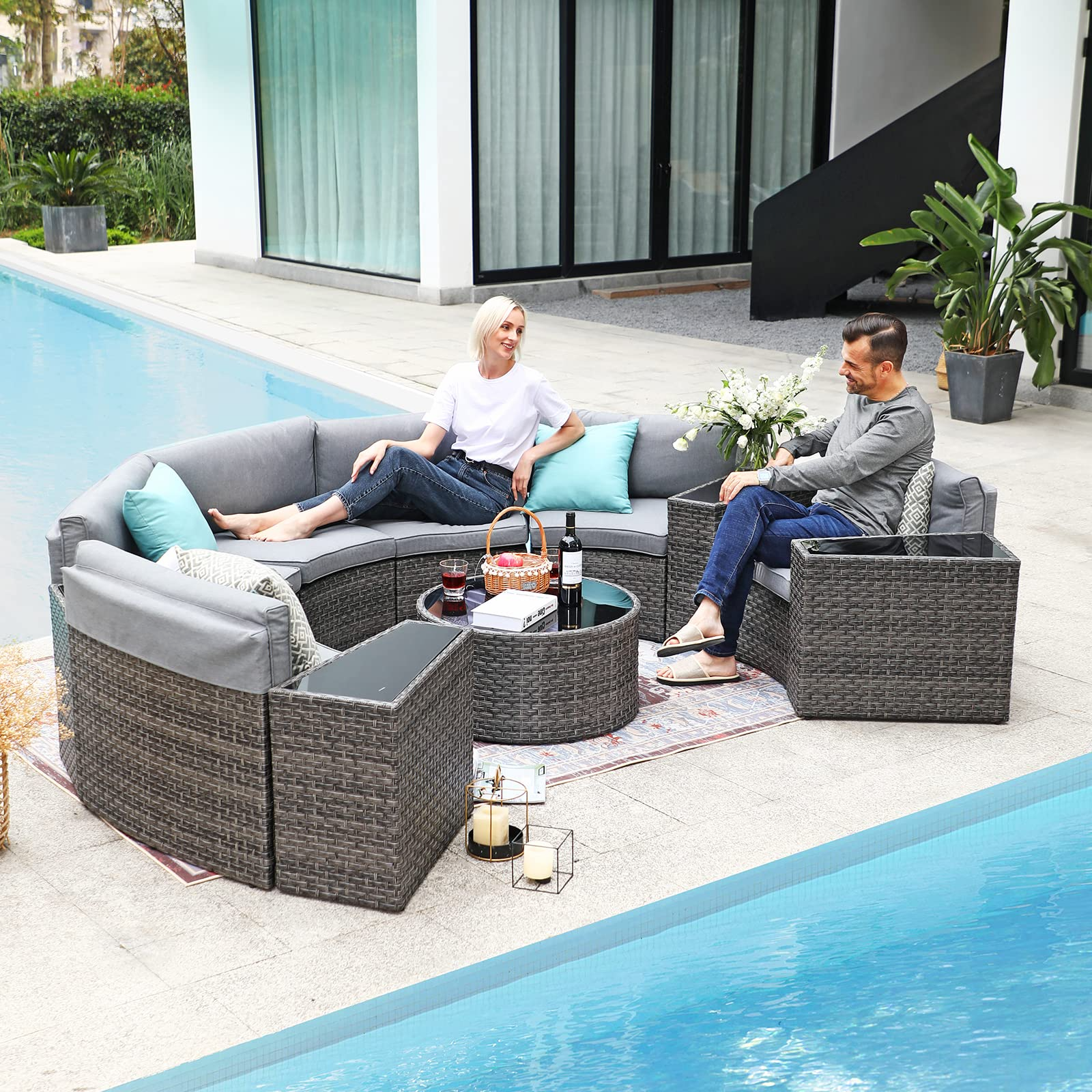 【Home&Garden】Outdoor Patio Furniture 11-Piece Half-Moon Sectional Round Patio Furniture Set