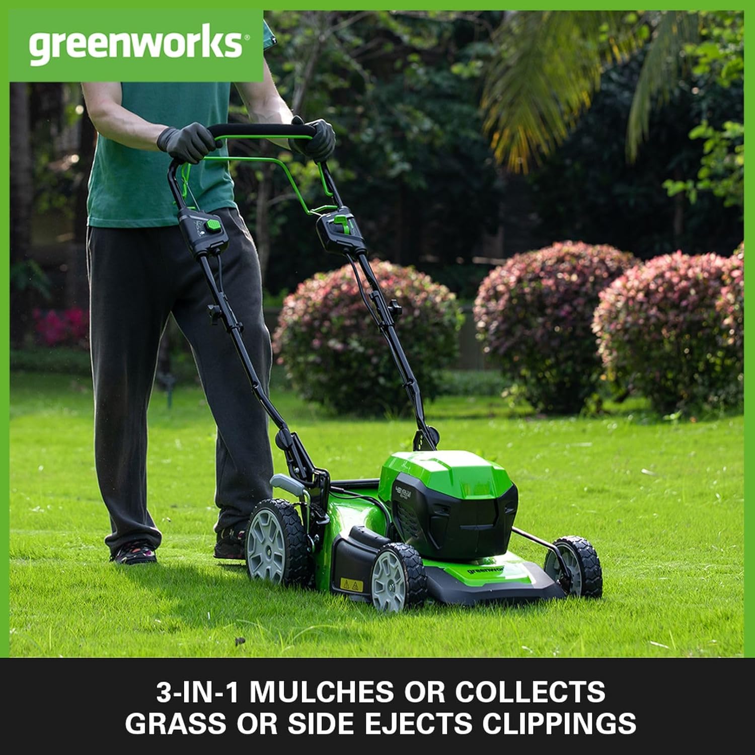 Greenworks 48V (2x24V) Self Propelled Cordless Lawnmower for Large Lawns up to 480m2, 46cm Cutting Width, 55LBag PLUS Two 4Ah Batteries and Twin Charger, 3 Year Guarantee