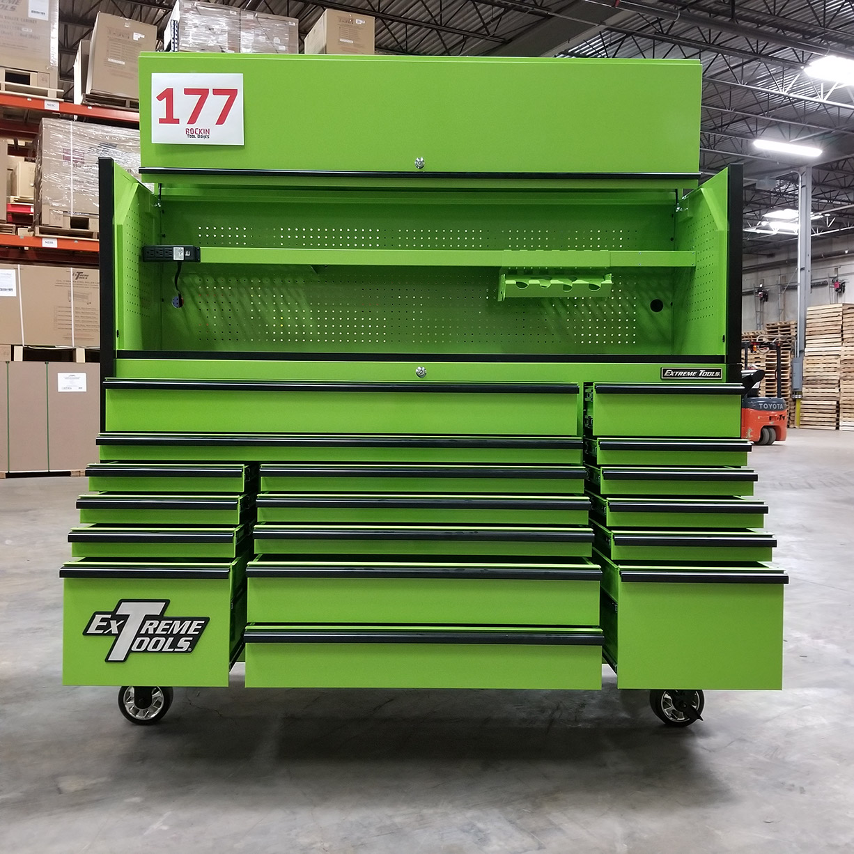 used toolboxScratch & Dent, Extreme Tools DX Series 72 x 21 Triple Bank Roller & Hutch Combo in Green-Black C Showroom Demo