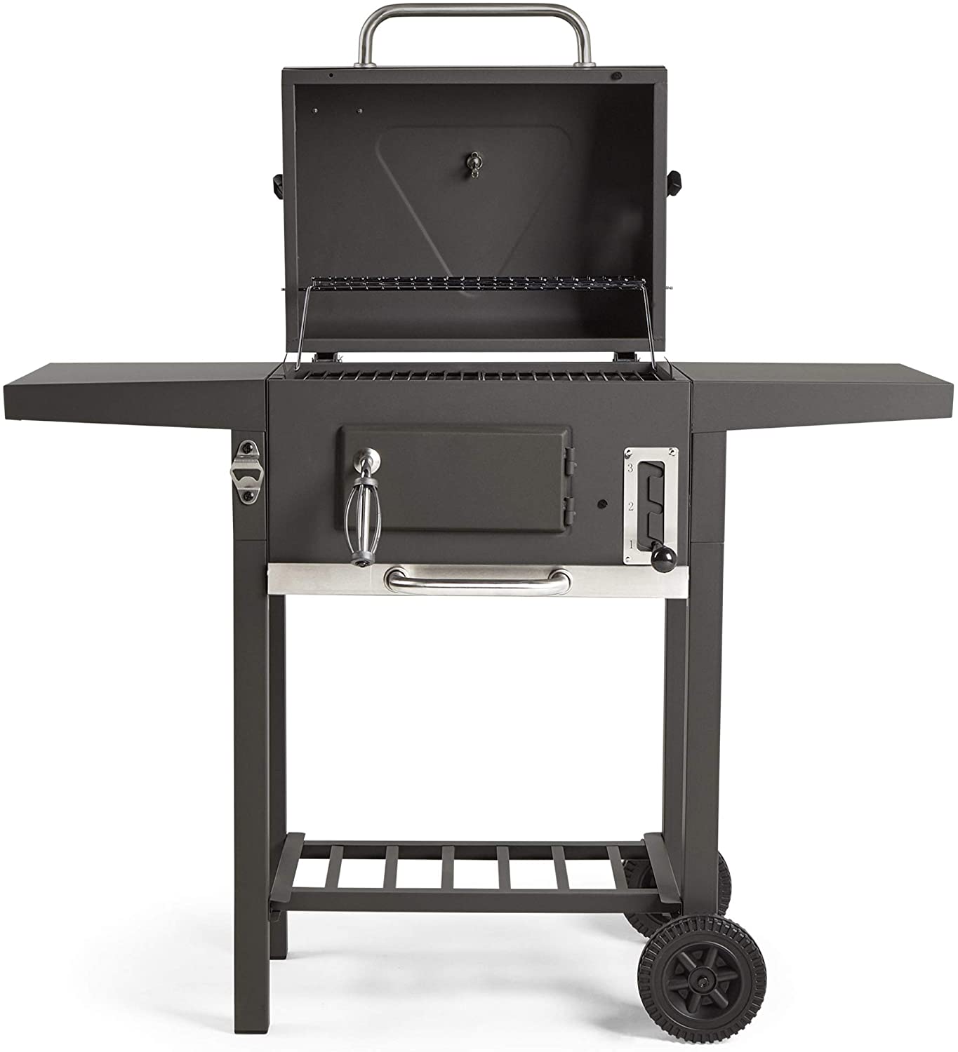 VonHaus Compact Charcoal BBQ – Barbecue with Warming Rack, Adjustable Height & Temperature Gauge – Portable, Bottle Opener Feature, Ash Catcher & Additional Storage Shelf