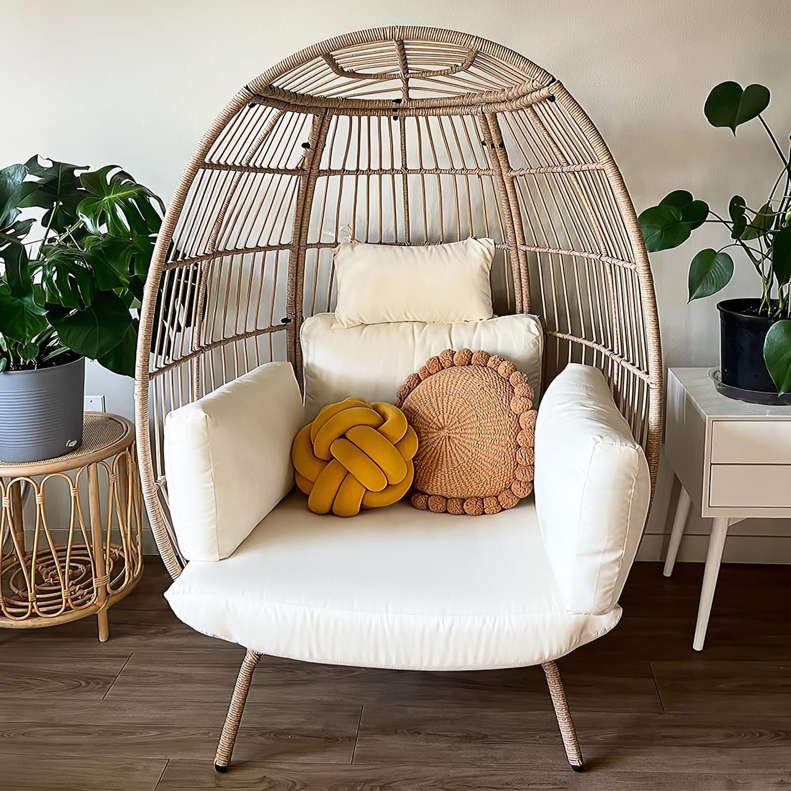 【Furniture】Wicker Egg Chair Outdoor Indoor Oversized Lounger with Stand and Cushions Egg Basket Chair