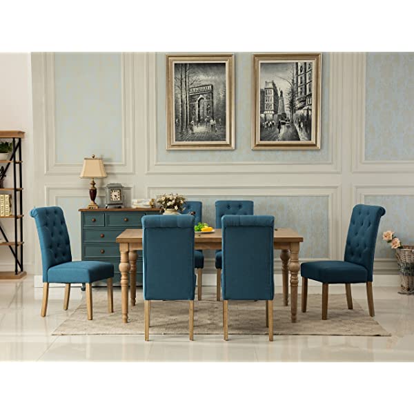 Roundhill Furniture Collection Habitanian Solid Wood Dining Table with 6 Button Tufted Chairs, Gray, Grey