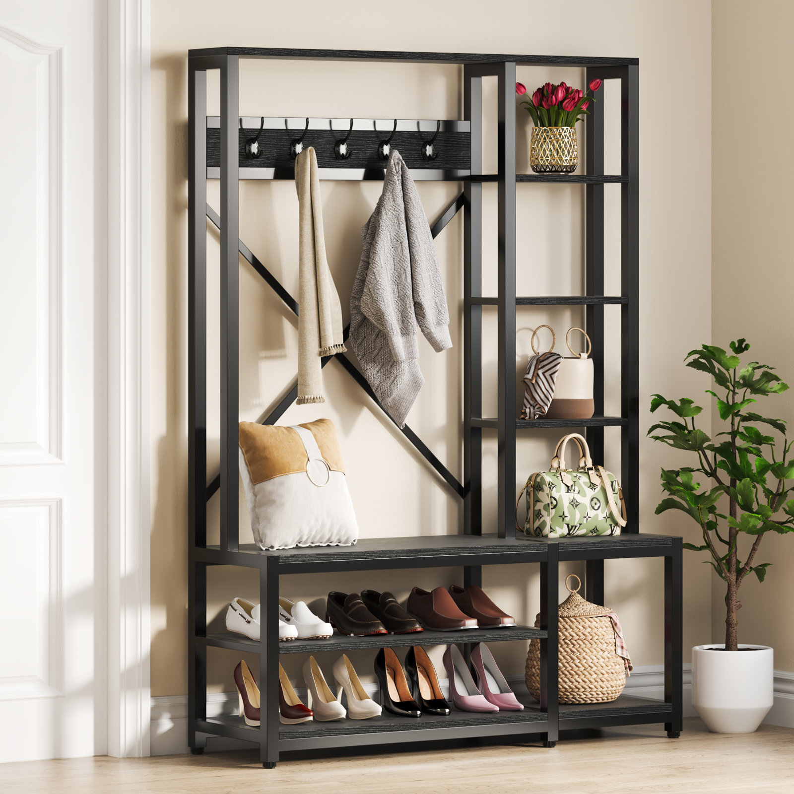 【Furniture】Emelyne 47.2'' Wide Iron Hall Tree with Bench and Shoe Storage