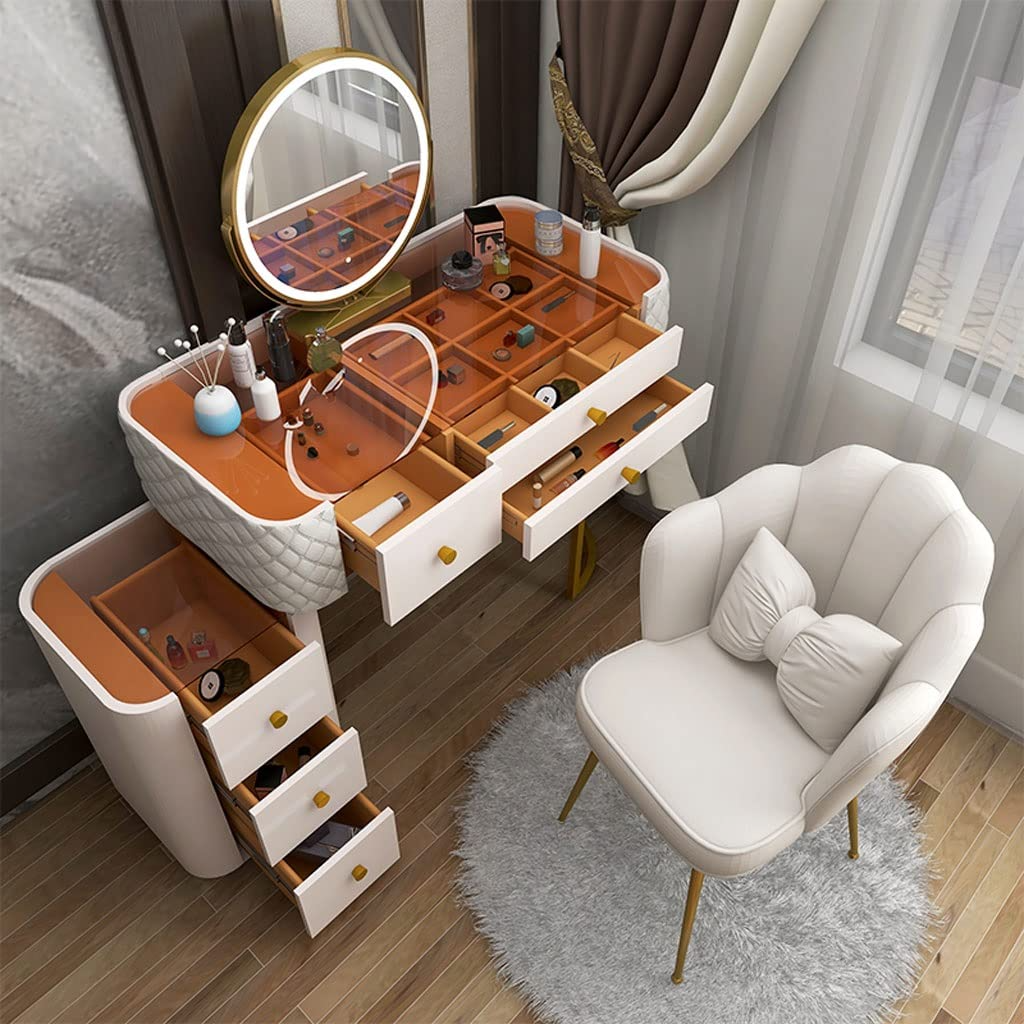 【Furniture】Bedroom Table Dresser Modern Glass Vanity Table with Storage Cabinet, Stool, Mirror