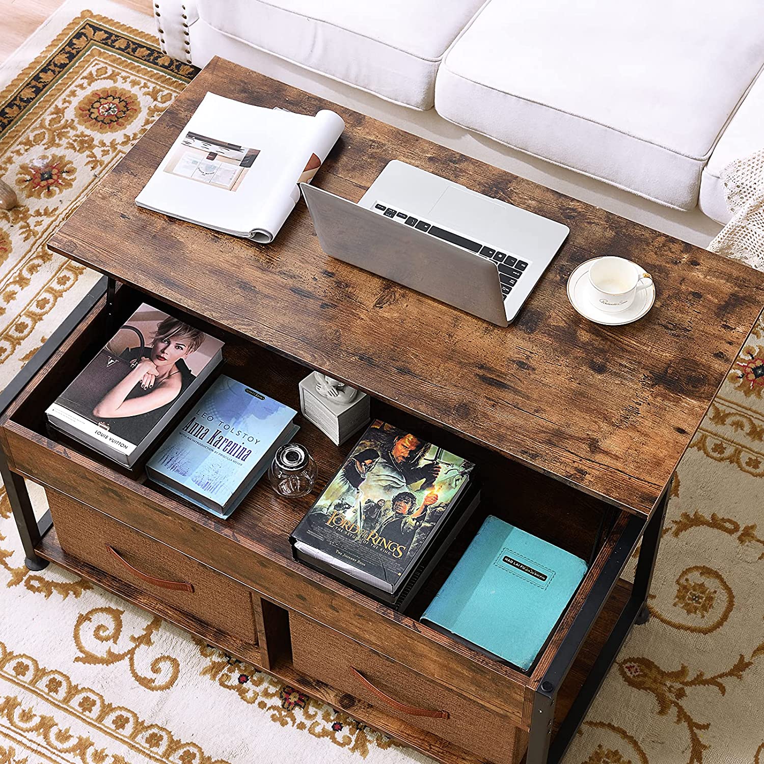 Lift Top Coffee Table, Coffee Table with 2 Storage Boxes & Hidden Compartment, Center Table for Living Room, with Storage Shelf and Metal Frame, Wooden Lift Tabletop, Modern Retro Central Table