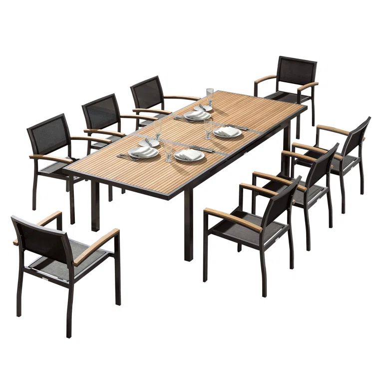 Heck Rectangular 8 - Person Outdoor Dining Set with Extension Teak Tabletop