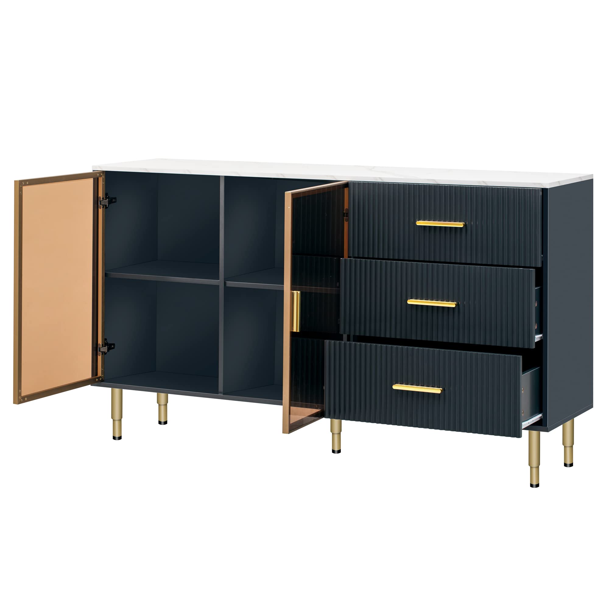 【Furniture】Modern Sideboard Cabinet Accent Buffet Storage Glass Doors Sideboard Cabinet Marble Top
