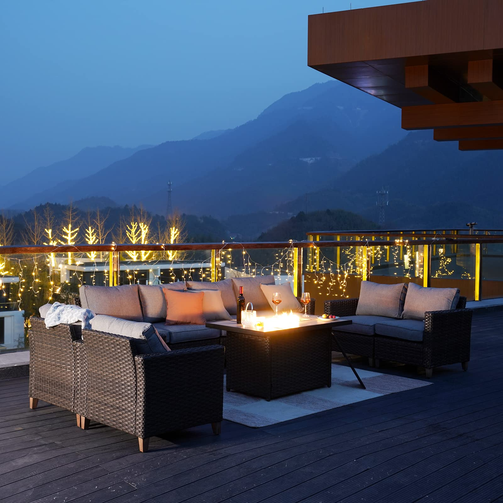 【Home&Garden】Patio Sofa Sets 9 Pcs Conversation Set with Fire Pit Table, PE Rattan Patio Furniture