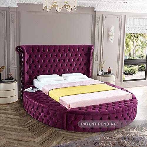 【Furniture】Contemporary Round Shaped Velvet Upholstered Bed with Deep Button Tufting & Footboard Storage, King